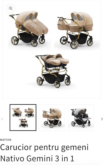 Cărucior gemeni NATIVO  3 în 1 Beige\gold