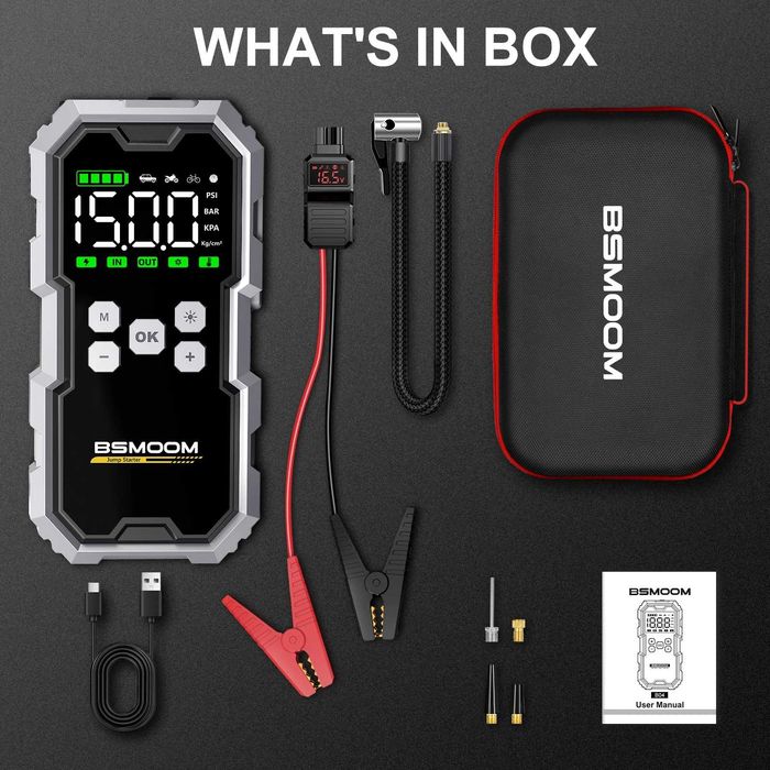 Starter auto BSMOOM, benzina/diesel, 16A, 12V, 21800mAh, compresor