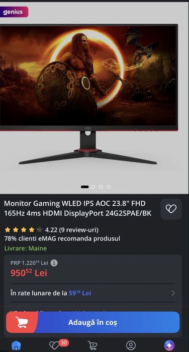 Monitor Gaming WLED IPS AOC 23.8"(61cm) FHD 165Hz 4ms HDMI DisplayPort 24G2SPAE/BK