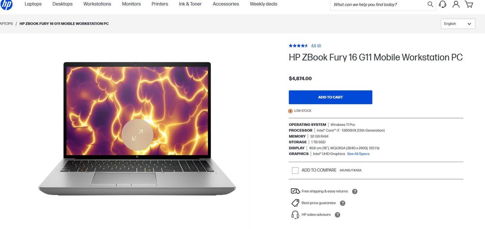 Laptop HP ZBook Fury 16 G11 4K Dream-Color i7 32B Ram RTX 2000 1TB NOU