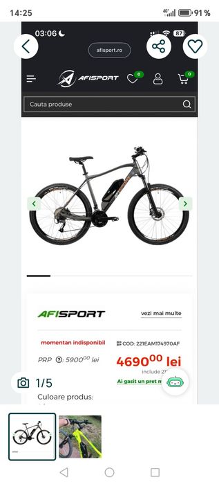 Bicicletă Afisport electrică roți 27,5,3×9 viteze