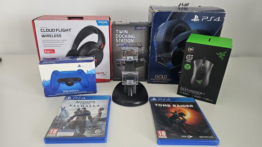 Lot PS4: căști, DualShock 4, dock, mouse Razer, Valhalla, Tomb Raider