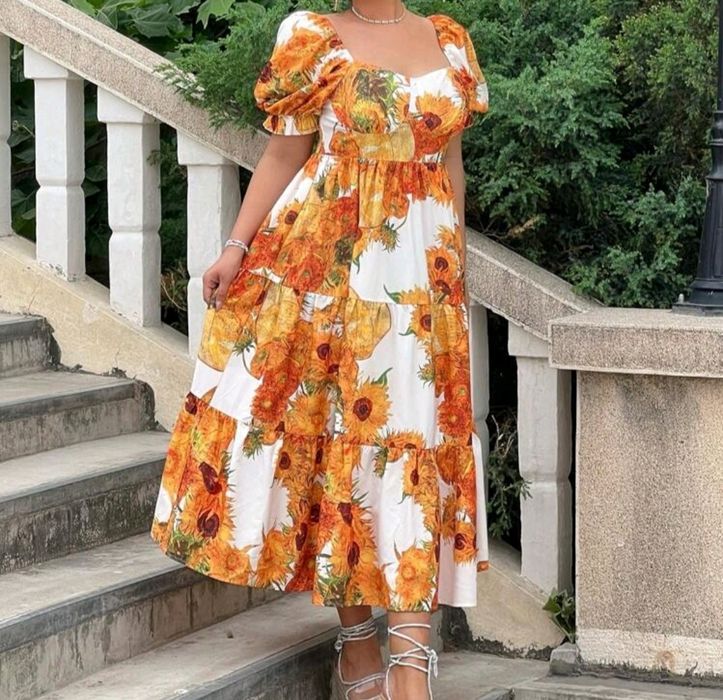 Rochie unicata lunga cu model floarea soarelui