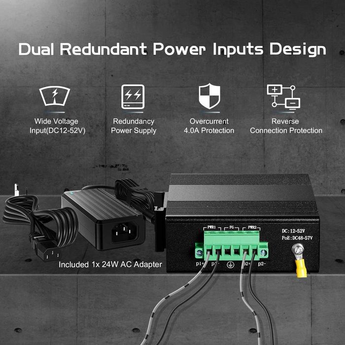 Switch Ethernet industrial Binardat ING05-041G 5 porturi șină DIN 4 port 1 uplink Gigabit DIN Rail,10-100-1000Mbps, montare pe perete fără ventilator
