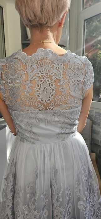 Rochie A-Line, Gri,Dantela,Lungime medie, mâneca scurta,cu sutien/cupe