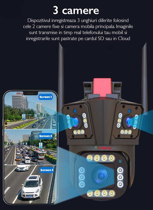 Camera de Supraveghere Tripla WIFI Visoli® P11 Pro, 12MP,Rezolutie 5K