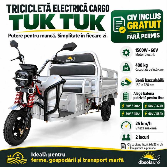 Triciclu Electric 1500W cu CIV Baterie 20Ah Cargo TUK TUK Bena Basculabila 2 Locuri