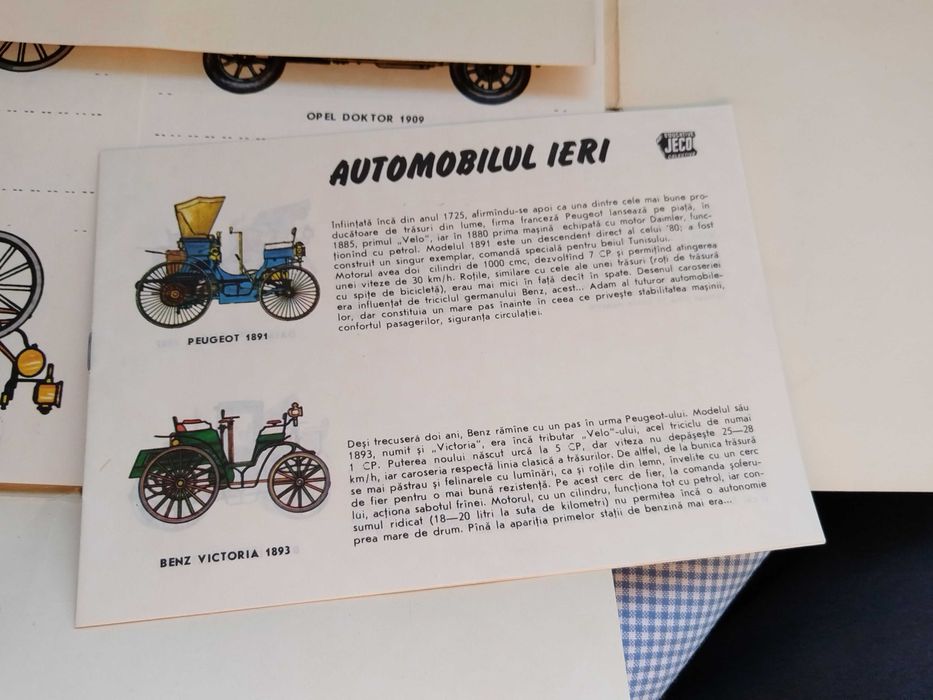 Automobilul ieri,Carte joc de decupat și asamblat,vechi JECO, comunism