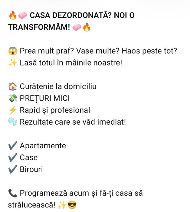 Ofer servicii de curățenie la domiciliu clientului