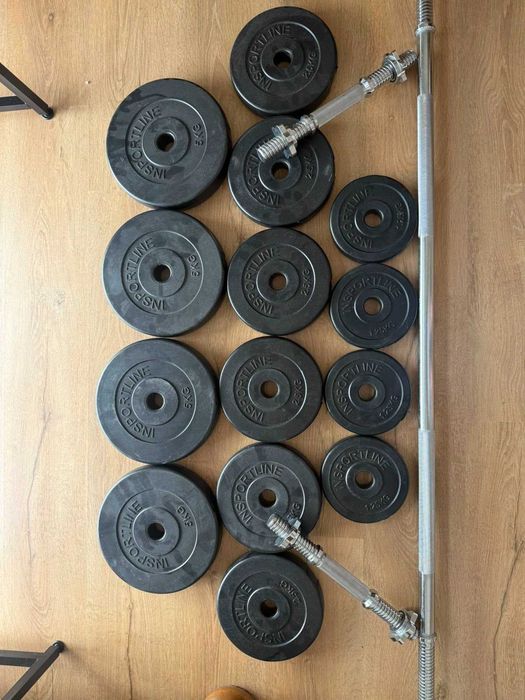 Set haltera si gantere reglabile de 50 KG cu 2 bare de 35 cm lungime, o bara dreaptade 160 cm lungime si cleme prindere, negru