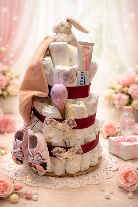 Tort de scutece ideal pt cadou, botez, gender reveal, baby shower