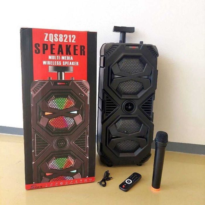 Преносима Двойна Тонколона ZQS 8212 с безжичен микрофон и цветомузика