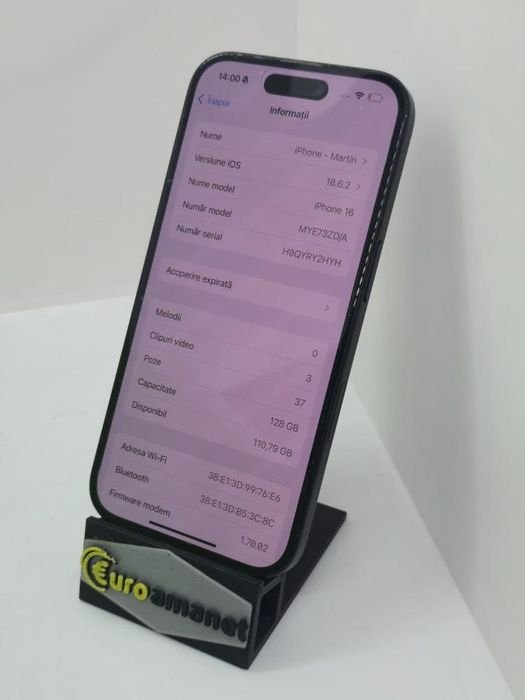 Telefon mobil Apple iPhone 16, 128GB, 5G, Black -A-