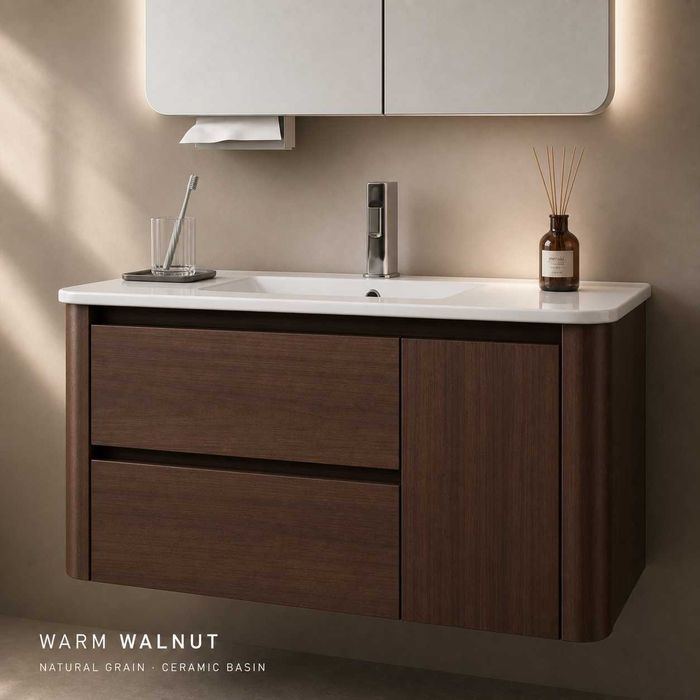 Луксозен шкаф за баня от водоустойчиво инженерно дърво 2801 (Walnut Balance) със заоблен дизайн и смарт огледало