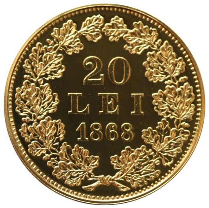 Moneda aur 20 lei 1868 pol Carol I replica BNR 2005 gradata NGC PF 63