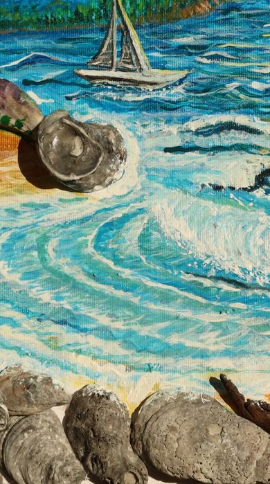 Акрилна картина „Морски бряг“ – 3D ефект с истински миди 40×30.