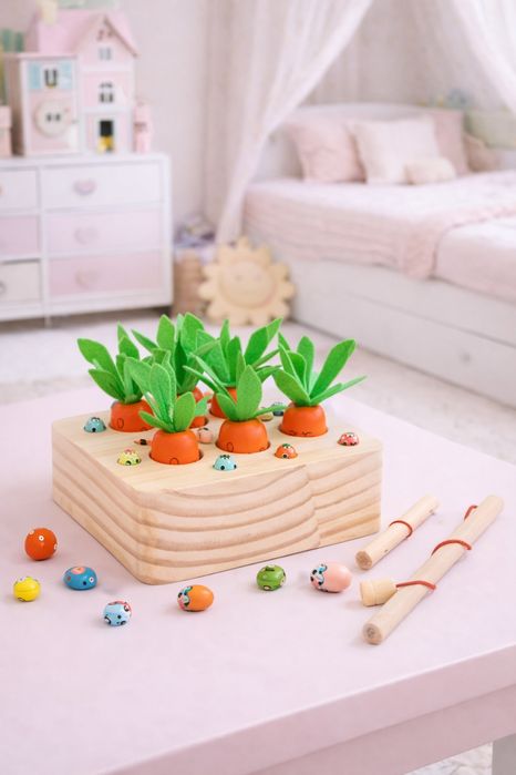 Joc educativ din lemn 2-în-1 – Sortator morcovi și pescuit magnetic
