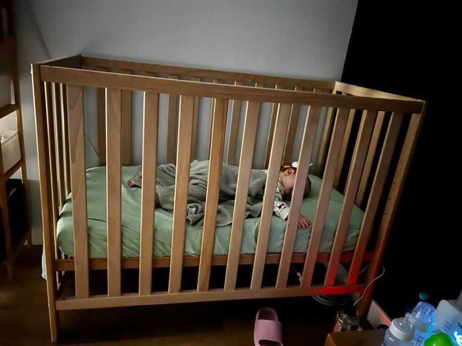 Pătuț copii lemn masiv fag (8 trepte) + Saltea fibră cocos 120x60 cm