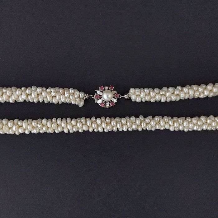 colier vintage perle, aur alb 14k, rubine, certif.