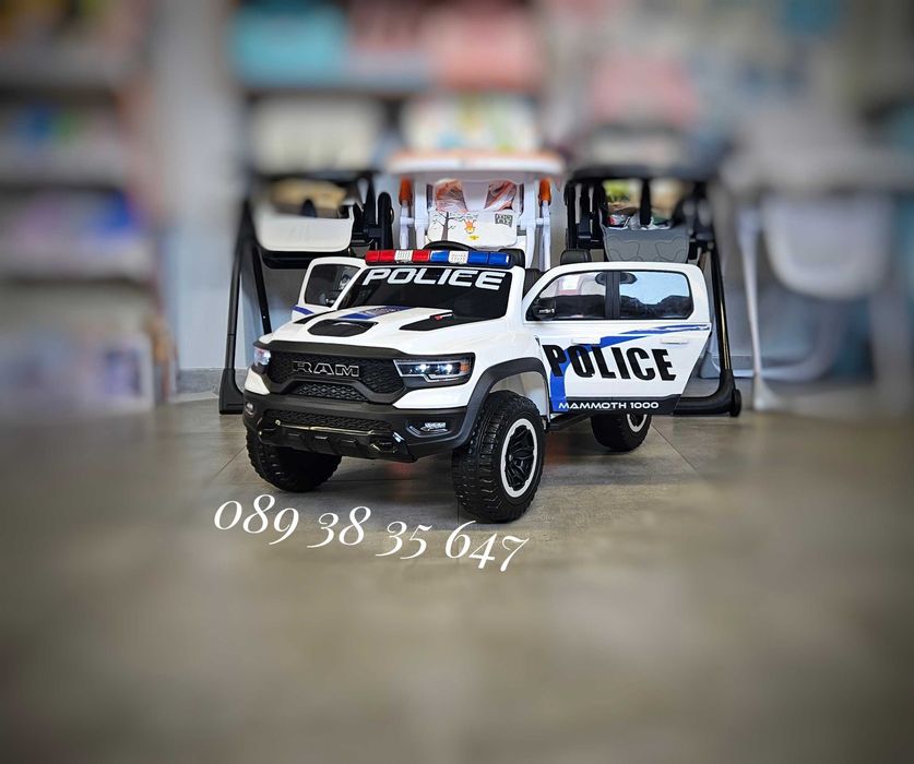 ТОП ЦЕНАНОВО!Акумулаторен джип RAM POLICE WHITE с 12V батерия,EVA гуми,сигнални светлини,USB,дистанционно
