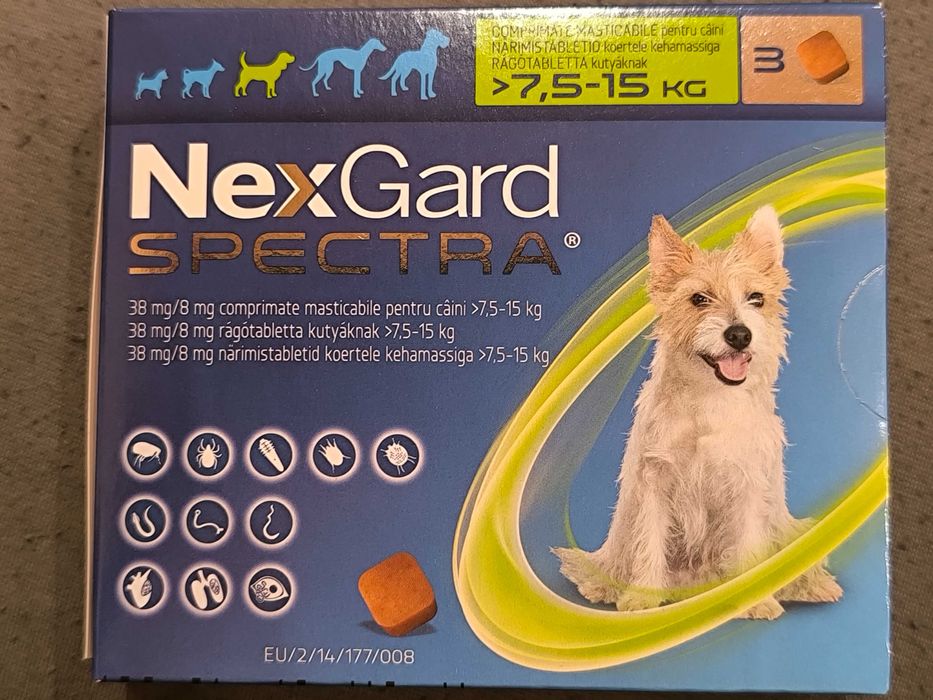 Vând NextGard Spectra M masticabil 7,5 kg - 15 kg cutie cu 3 pastile pentru 3 luni de tratament