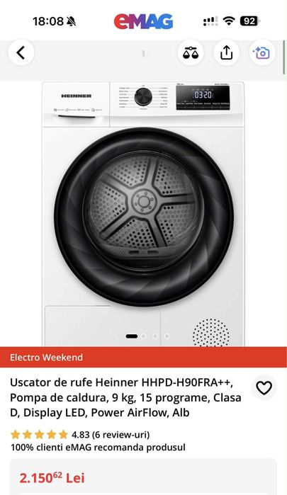 Uscător de rufe Heinner – Nou, 5 ani garanție, 9kg