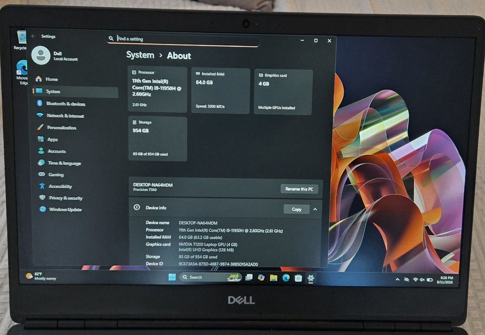 Laptop Dell Precision 7560 I9 11950H 64GB RAM SSD 1TB Nvidia T1200 4GB