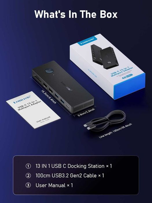 USB C докинг станция за три монитора, Lemorele 13 в 1, 2* 4K HDMI, DP