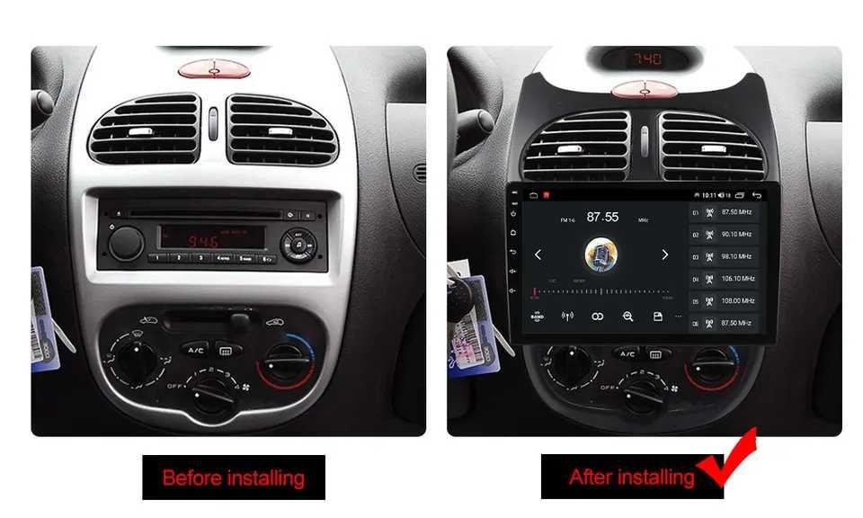 Navigatie Android 14 Peugeot 206 1998 - 2009 1/8 Gb  CarPlay + CAMERA