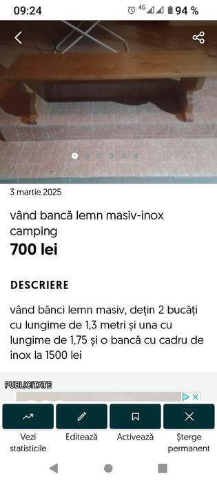 vând bancă inox lemn masiv