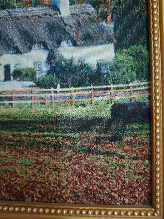 Tablou Goblen Mare - Peisaj de Toamnă "Cottage" - Ramă Aurie Deosebită