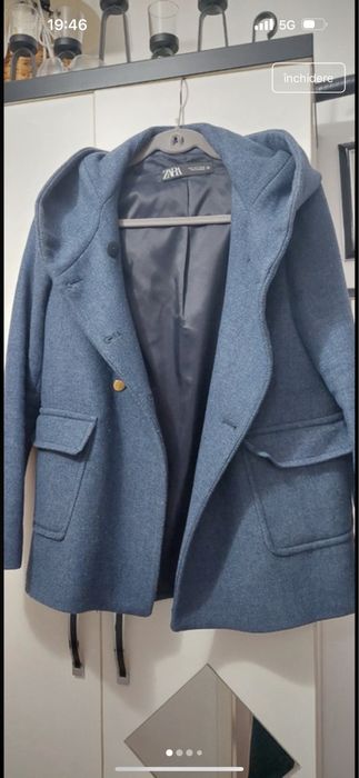 Palton scurt Zara albastru cu gluga Mărimea S