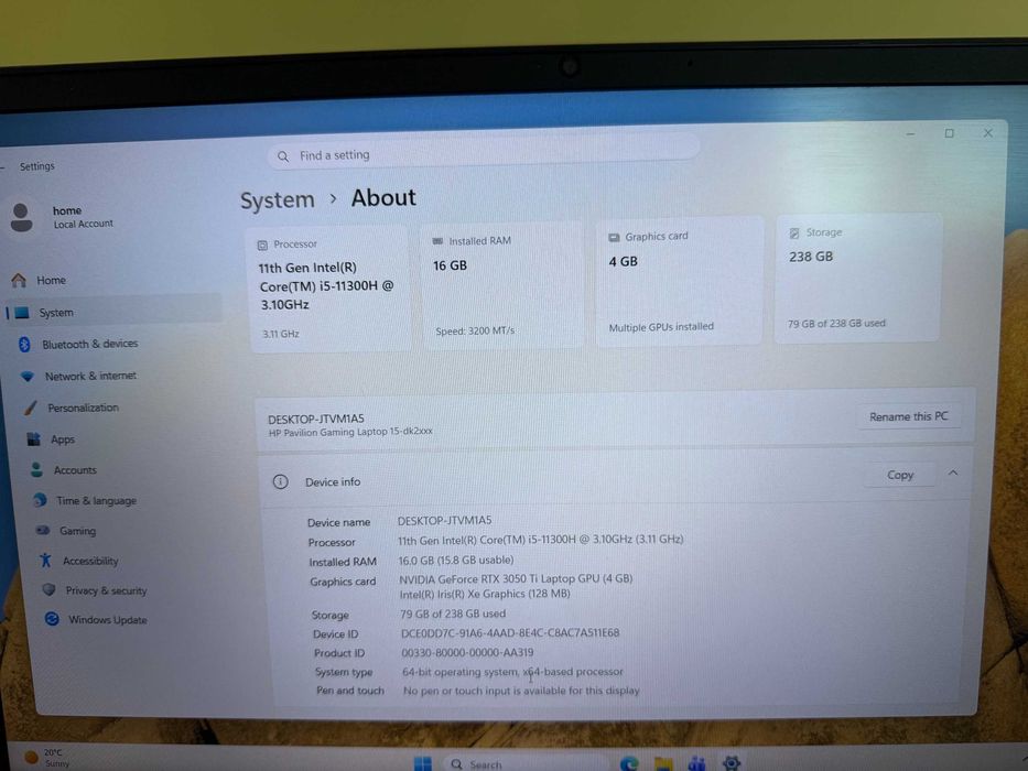 Laptop Gaming HP Pavilion 15-dk2031nq i5 11th gen, 16 gb, rtx 3050ti, 256 ssd + Licenta Win 10 PRO(+ upgrade la win 11)