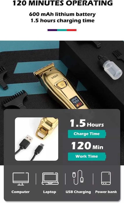 Maшинка за подстригване VGR 965, Дисплей, 4 Приставки