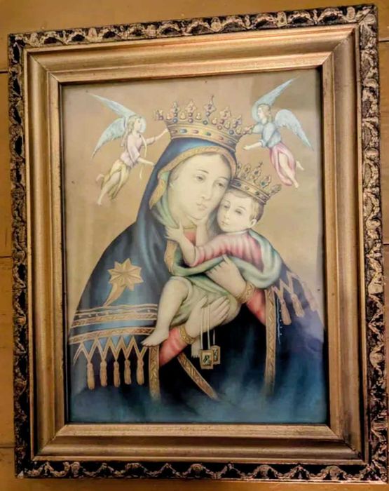 Icoană veche –cromolitografie litografie color, ramă aurită originală.