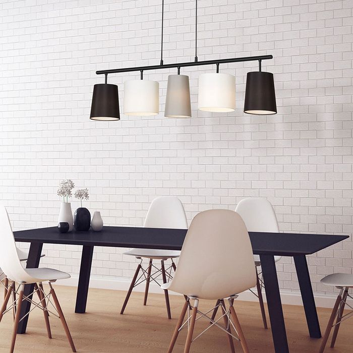 Висящ,линеен полилей с текситлни абажури 5 крушки