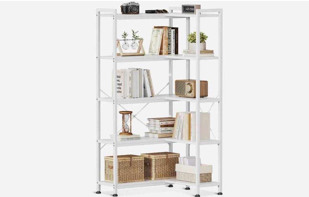 Bibliotecă Coleshome în formă de L, 5 polițe, cu spații depozitare, Alb, 145 cm