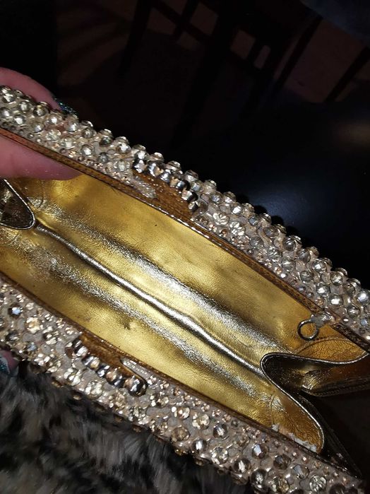 Geanta de mana, clutch cu cristale, auriu