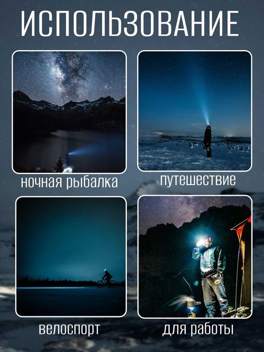 Фонарь налобный, на левое  и правое ухо.  6 режимов работы.
