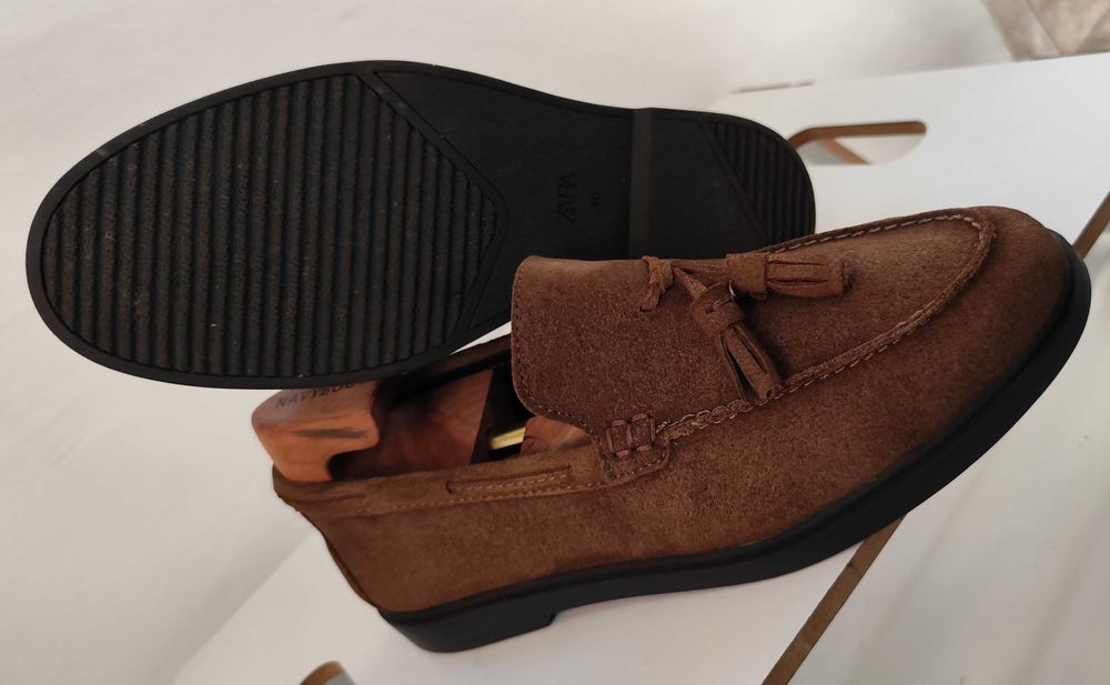 Pantofi loafer 40 tassel premium ZARA NOI piele naturala suede moale
