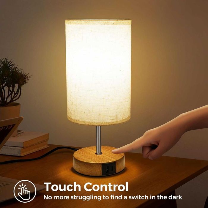 Нощна настолна лампа Suright TL600-WH с touch управление, USB-A и USB-C, E27 крушка