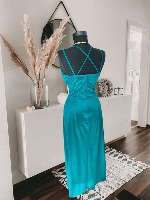 Rochie lunga de ocazie turcoaz satinat S