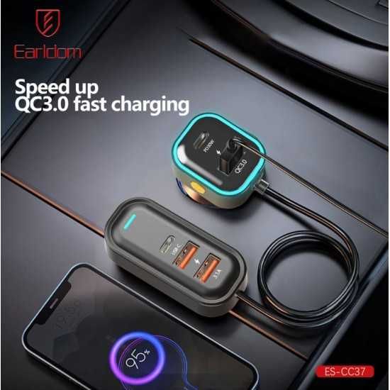 5в1 Автомобилно Зарядно с Удължител за Задни Седалки 30W + QC 3.0