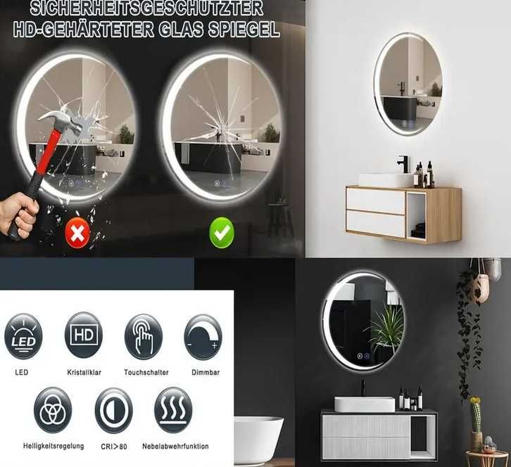 Oglinda Rotunda Iluminata Led, dimabila, reglaj culoare, dezaburire