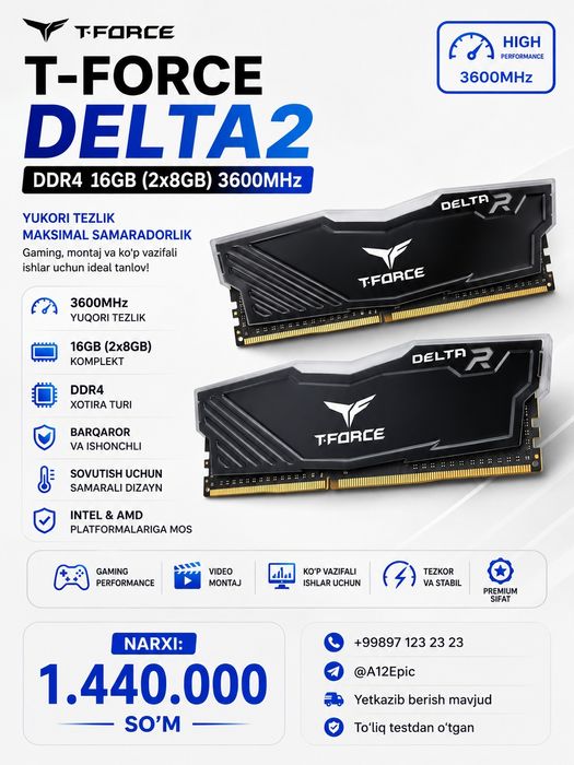 DDR4 2x8GB (16GB)
3600MHz Yuqori tezlik