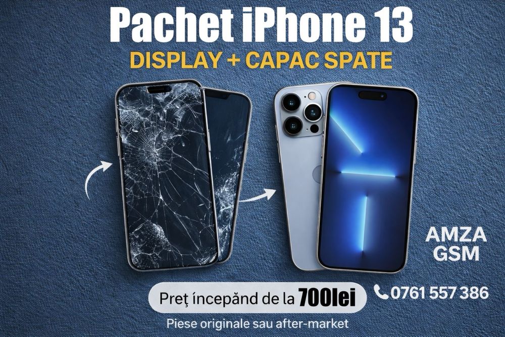 Pachet Display + Sticla Spate iPhone 13 16 15 14 12 Pro Max Plus Ecran