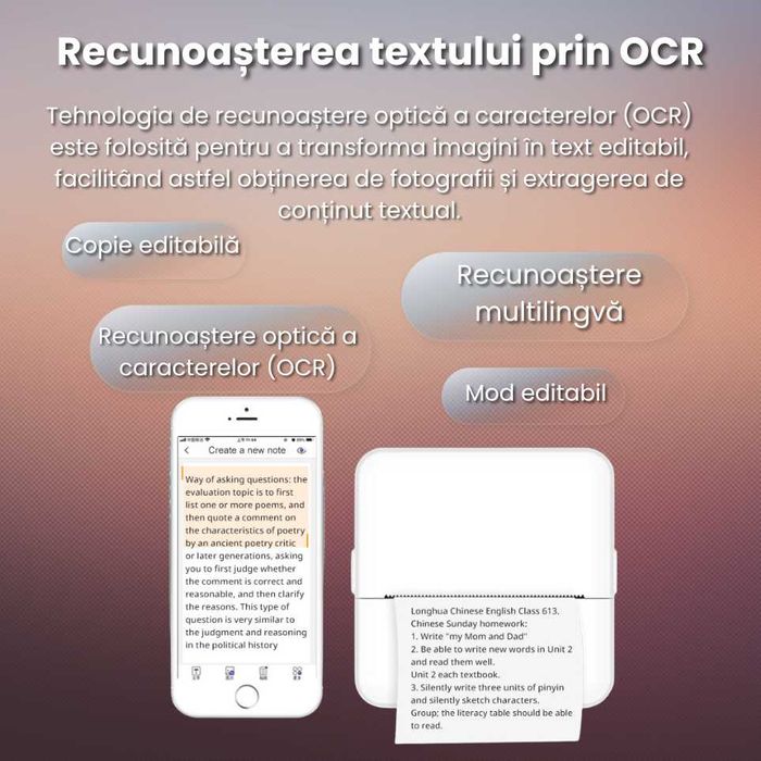 Imprimanta termica mini portabila Bluetooth 57mm, fara cerneala, imprimanta foto & etichete DIY pentru copii, aparat de buzunar cu aplicatie mobil