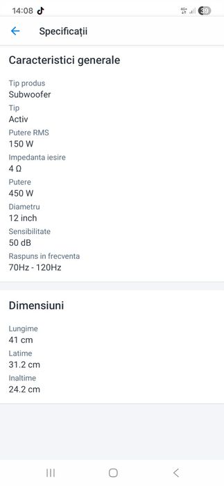 Subwoofer  JBL activ cu amplificator 150w rms integrat