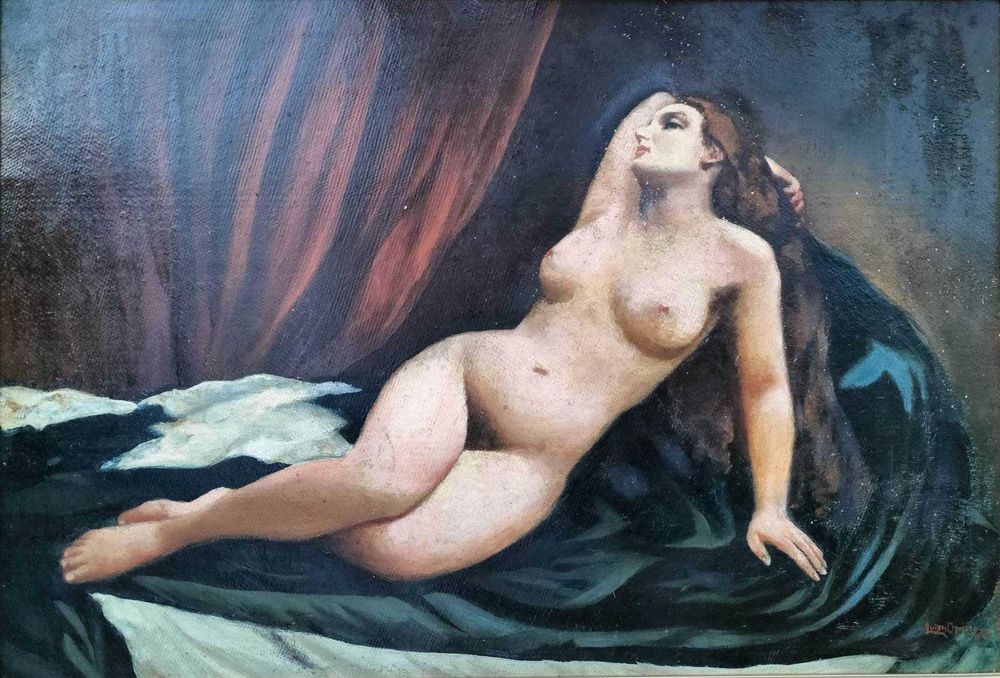 Luiza OPRIŞ-"Nud culcat", de mari dimensiuni, pictură veche (1962)