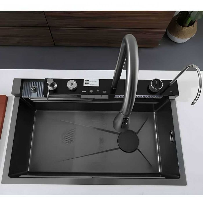 Chiuvetă bucatarie multifuncțională smart din Oțel Inoxidabil cu cascadă, jet pentru pahare, tocător din aluminiu și compartimente pentru spălat